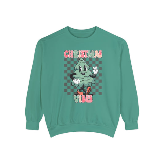 Retro Checkered Christmas Vibe Unisex Garment-Dyed Sweatshirt