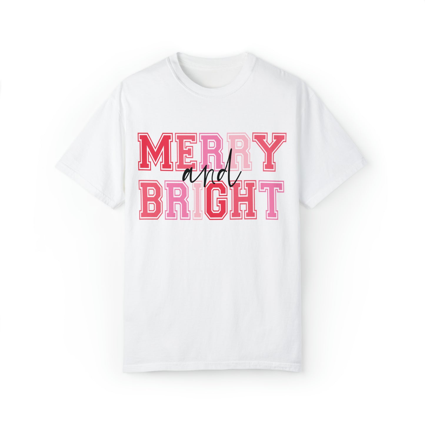 Merry and Bright Red Christmas Comfort Colors Short Sleeve Tee