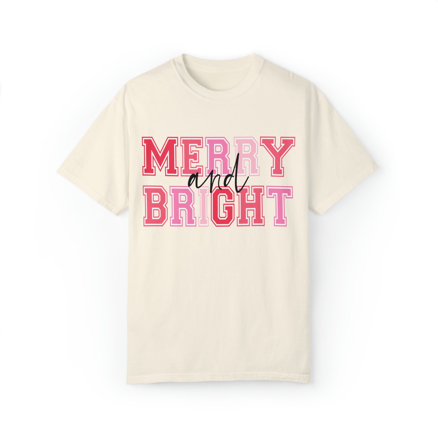 Merry and Bright Red Christmas Comfort Colors Short Sleeve Tee