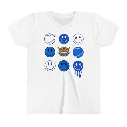 Smiley Face Bobcat Retro Kids Youth Short Sleeve Tee