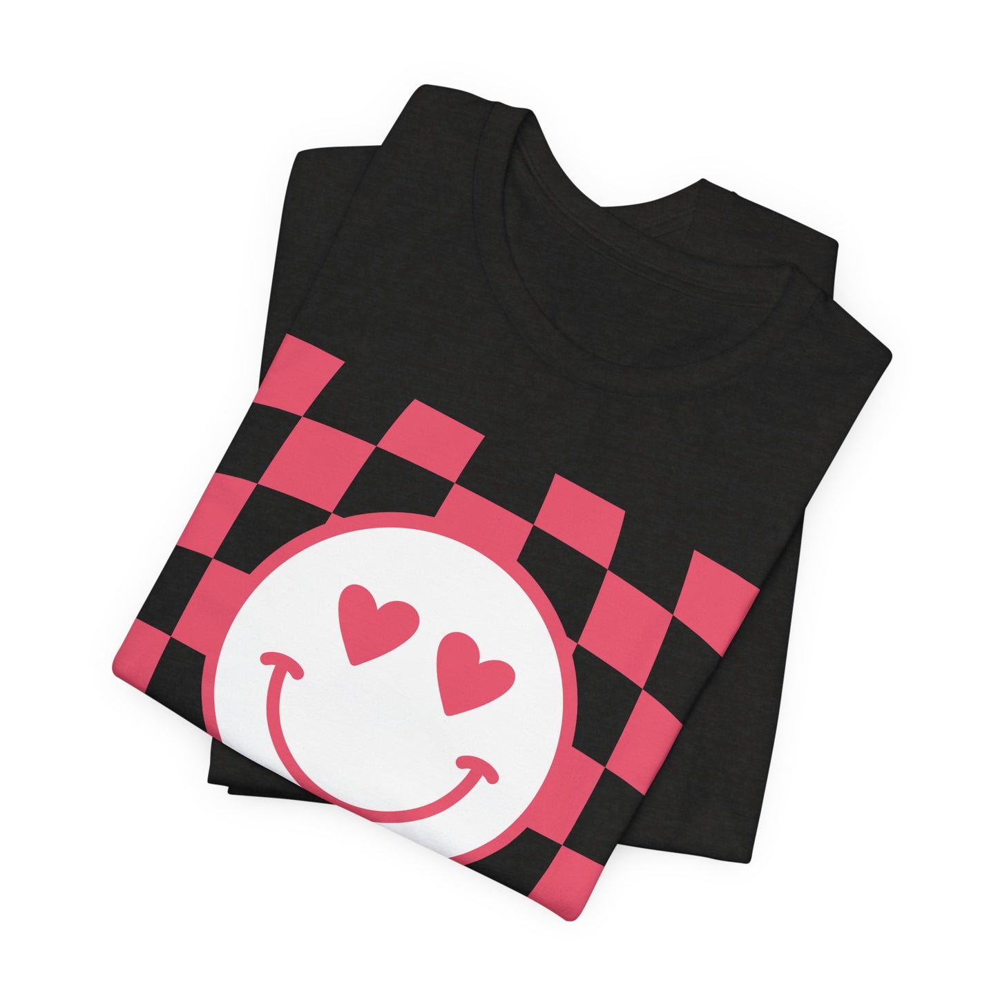 Retro Checkered Heart Smiley Face Short Sleeve Tee