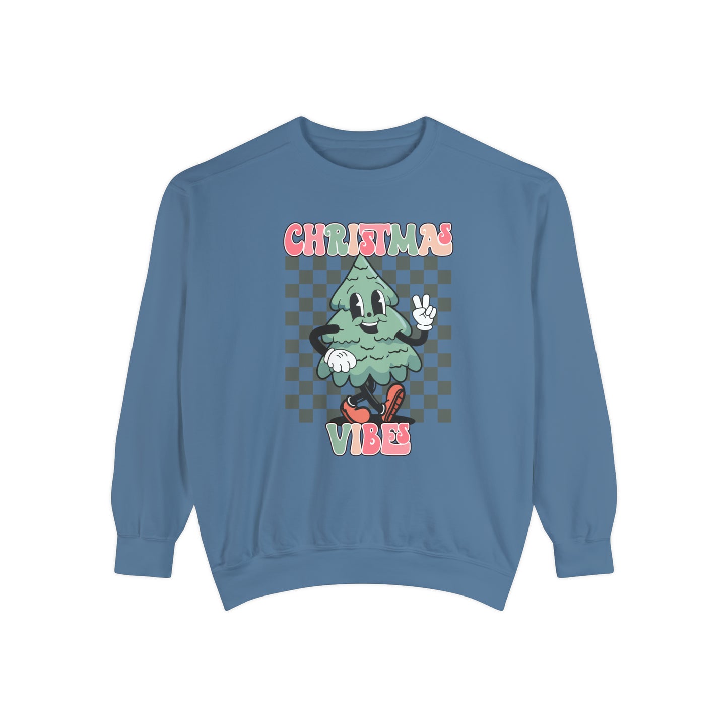 Retro Checkered Christmas Vibe Unisex Garment-Dyed Sweatshirt